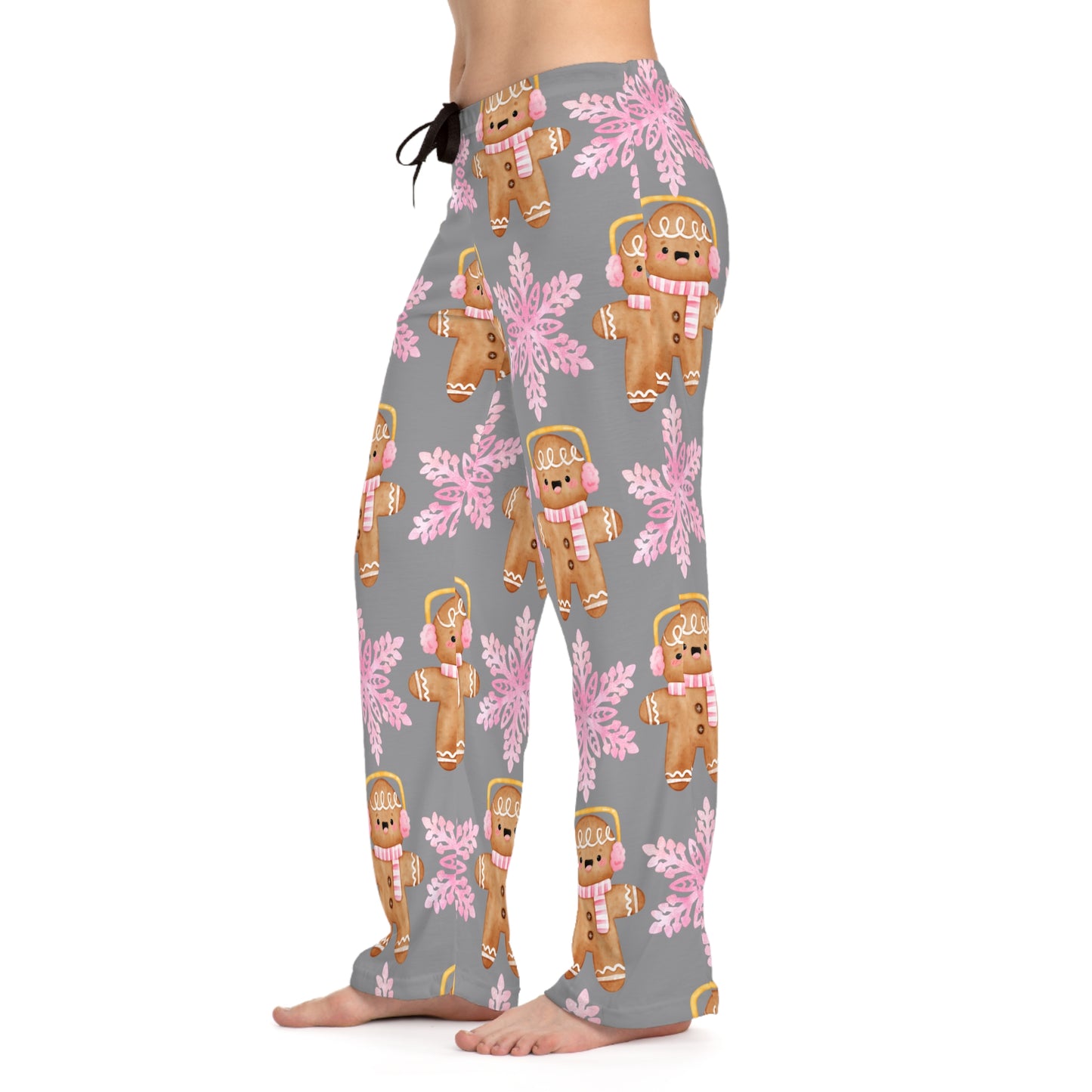 Christmas Gingerbread Women's Pajama Pants, Holiday Snowflake PJ Bottoms, Festive Loungewear, Pink Xmas Sleepwear, Winter Theme Trousers,