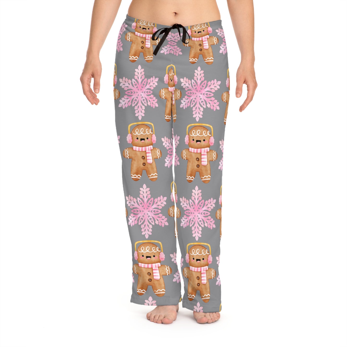 Christmas Gingerbread Women's Pajama Pants, Holiday Snowflake PJ Bottoms, Festive Loungewear, Pink Xmas Sleepwear, Winter Theme Trousers,