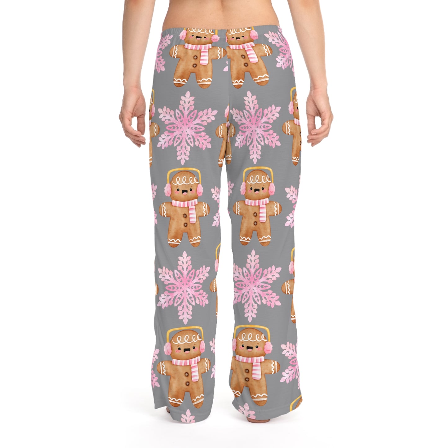 Christmas Gingerbread Women's Pajama Pants, Holiday Snowflake PJ Bottoms, Festive Loungewear, Pink Xmas Sleepwear, Winter Theme Trousers,