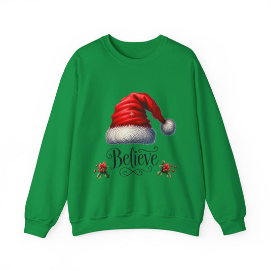 Santa Hat Christmas Crewneck Sweatshirt - Believe in the Magic Xmas Jumper, Holiday Sweatshirt, Winter Pullover, Festive Sweater, Cozy