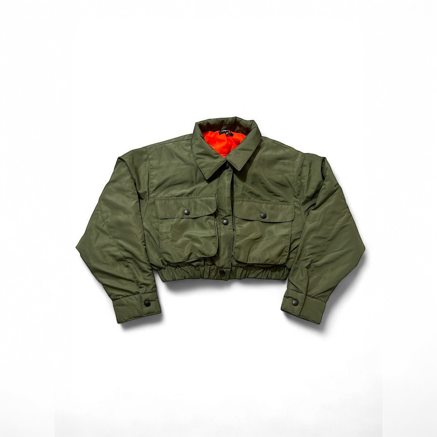 Bold And Versatile: Olive Cropped Nylon/Polyester Jacket