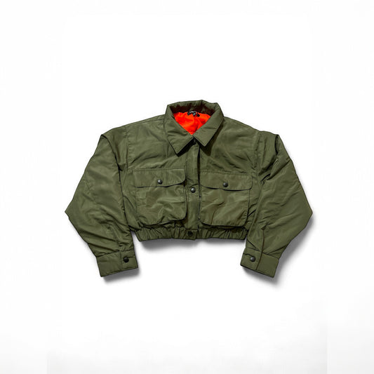 Bold And Versatile: Olive Cropped Nylon/Polyester Jacket