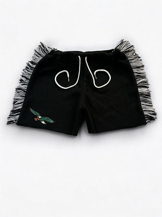 Handmade Bold And  Fearless: Black Eagle Patch Cotton Shorts with Fringe