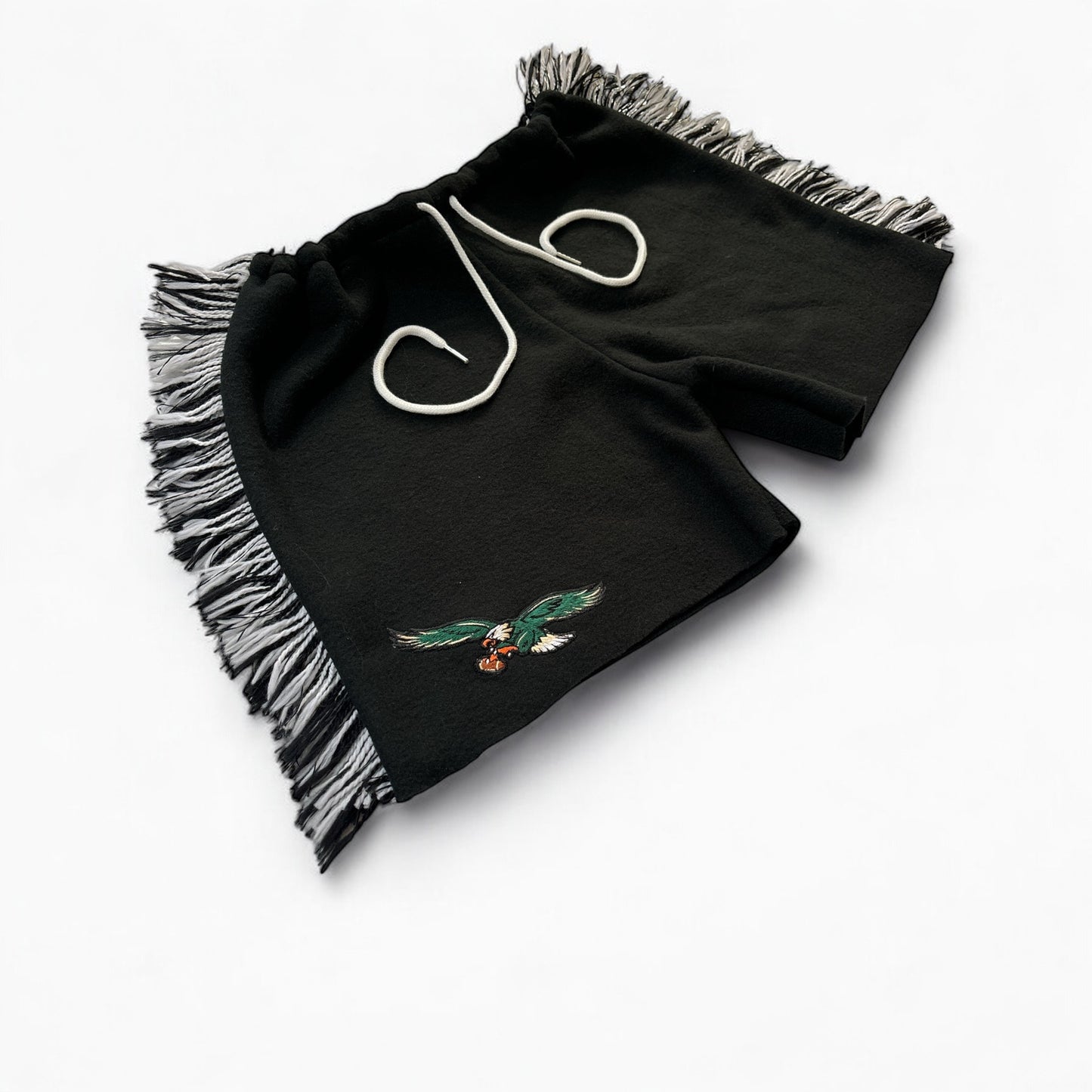 Handmade Bold And  Fearless: Black Eagle Patch Cotton Shorts with Fringe