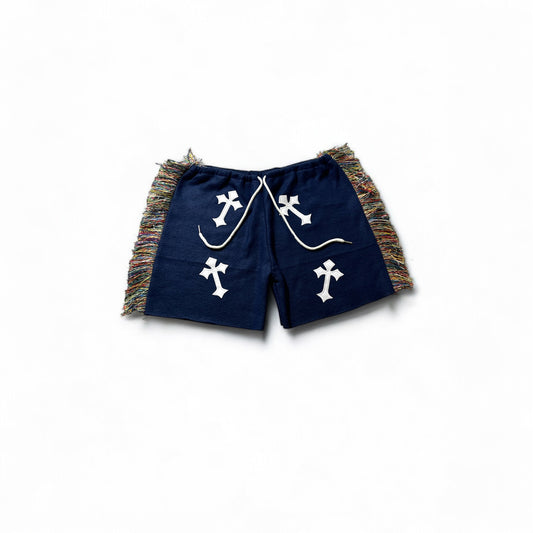 Handmade Fringe Side Cotton Shorts with Cross Patches: Boho Meets Bold