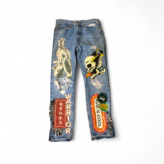 Handmade Custom Warrior Patchwork-Inspired Jeans: Unleash Your Inner Strength in Style